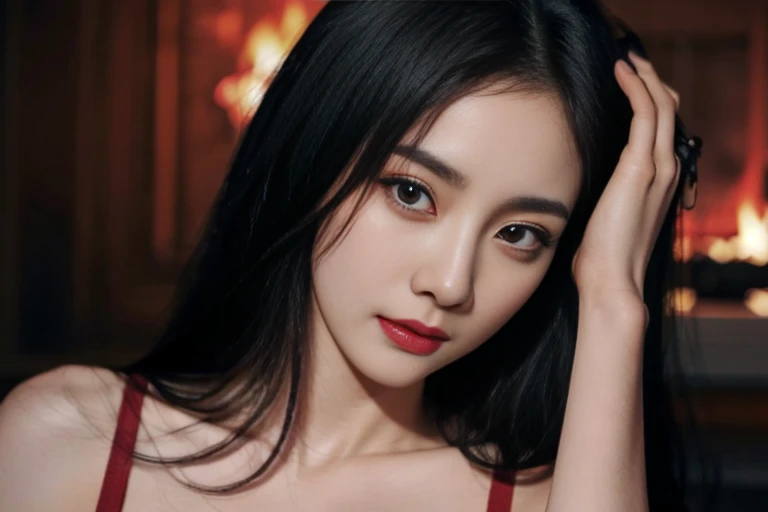 fantasy, glowing red eyes, storm, (blazing fire:1.2), very skinny slender fit-muscled body, thin waist, (naturally sagging breasts:1.2), extremely detailed face eyes lips areolas nipples pussy, (looking at viewer:1.1), (high gloss skin:1.2), (korean face) <lora:yangmi_v4:0.8>