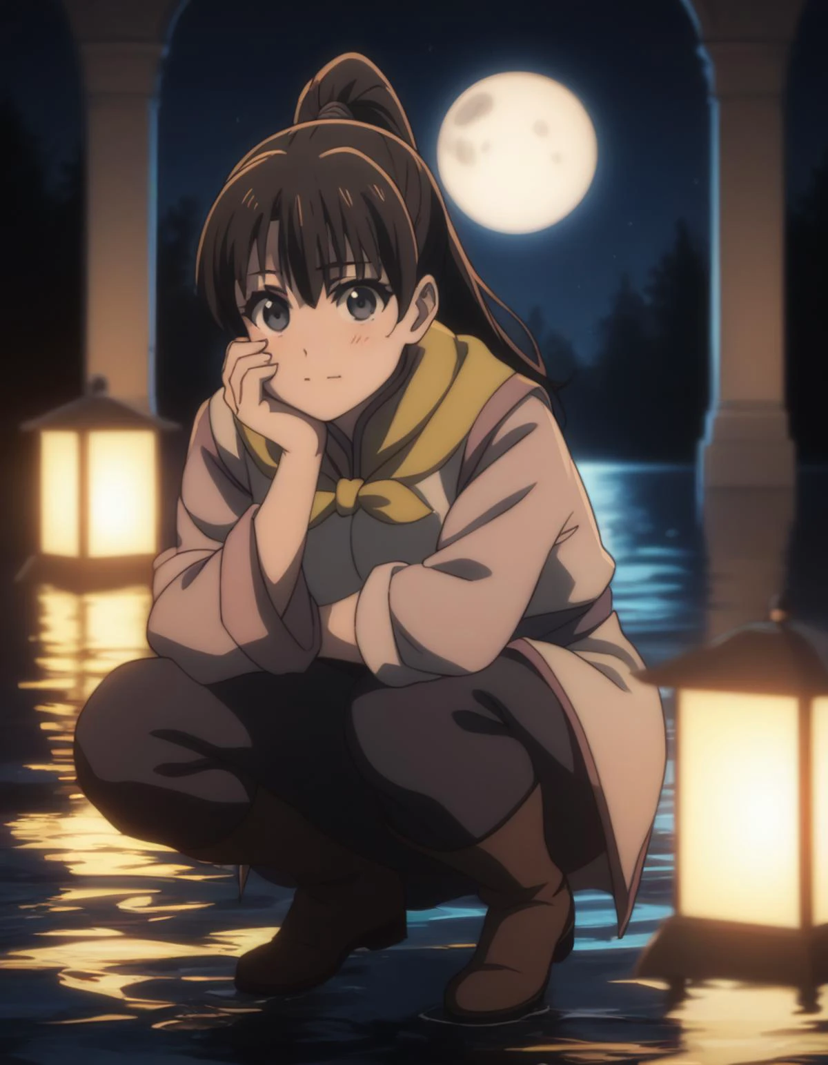 score_9, score_8_up, score_7_up, <lora:fighter-gs-ponyxl-000015:1> gsfghtr, multicolored robe, neckerchief,
cinematic Lighting, 1girl,solo,moon,water,bubble,night,film lighting,squatting,looking at viewer,blush,closed mouth,hand on own face,hand on own cheek
