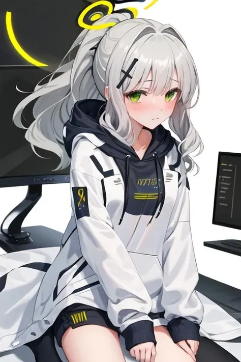 best quality, masterpiece, highres, solo, {hare_bluearchive:1.15}, hair_ornament, bangs, green_eyes, halo, blush, long_hair, grey_hair, ponytail, hoodie, white_hair, 1girl, hood, simple_background, white_background, hood_down, long_sleeves, black_hoodie, looking_at_viewer, closed_mouth, upper_body