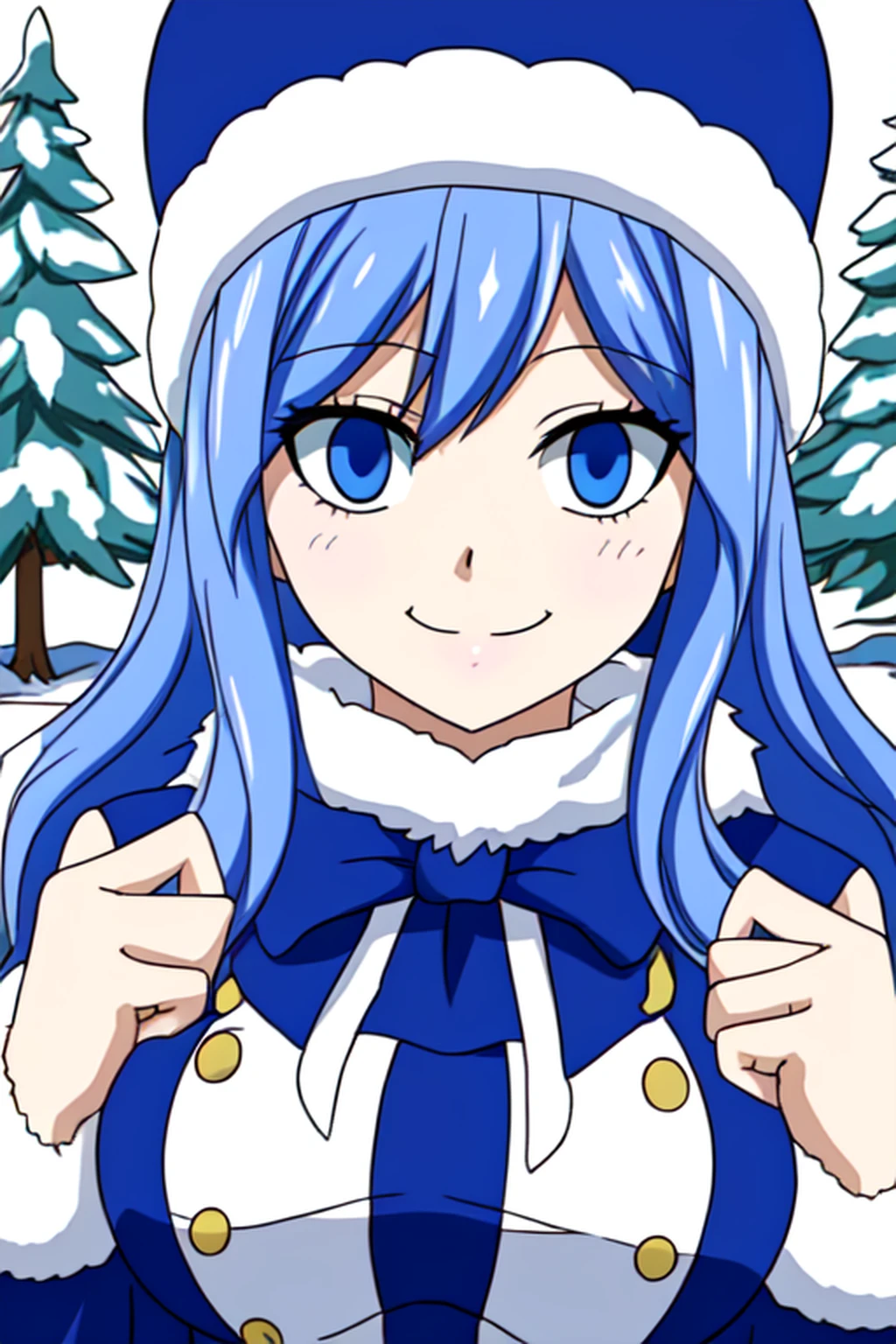masterpiece, best quality, highly detailed, highres, hdr, 1girl, solo, (Juvia_Lockser)++ in the snow, smile, snow trees, blue eyes, long hair, hat, happy