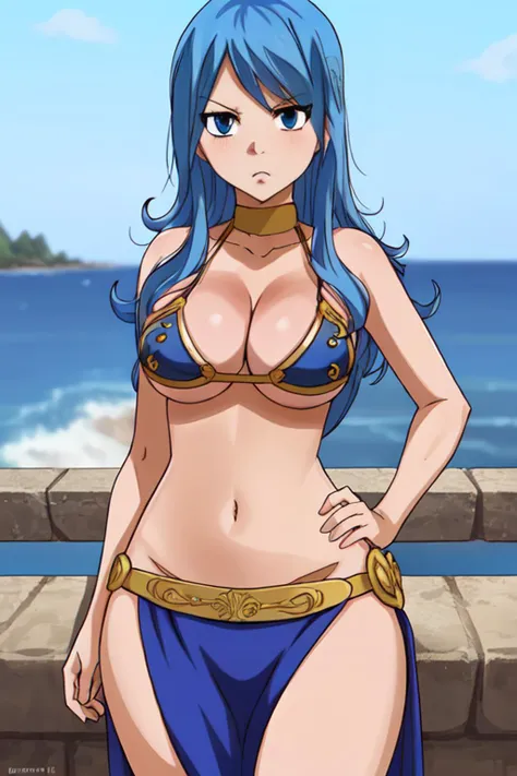 best quality, (Juvia_Lockser)++, masterpiece, (highres:1.2), (ultra-detailed: 1.2), wearing a slavekini, hands on , embarrassed, annoyed, pov, sky, looking at viewer, depth of field, intricate details, highly detailed, best quality, masterpiece, wide angle, 4k, blue eyes