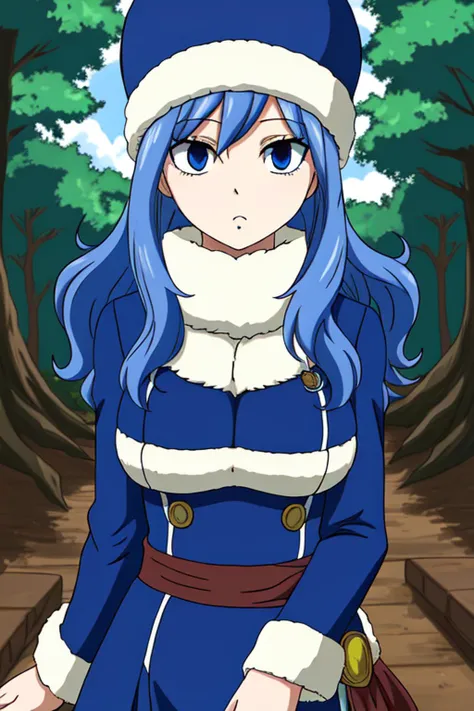 masterpiece, best quality, highly detailed, highres, hdr, 1girl, solo, (Juvia_Lockser)++ in the forest, trees, blue eyes, long hair, hat