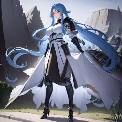 Detailed Face, Detailed Hair, (4k eyes, Hyper-Detailed Eyes:1.2), ((masterpiece, best quality, 4k, 8k)), extremely detailed, wallpaper, CG, intricate, <lora:sovetskaya belorussiya -000007:0.8>, outdoors, blue hair, blue eyes, (full body:1.3), standing, (knight armor:1.1),