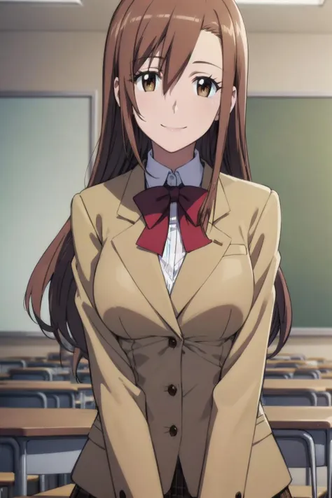 best quality, masterpiece:, portrait, close-up, smiling 1girl, shichijou aria, brown hair, long hair, large breasts, brown eyes, brown jacket, school uniform, indoors, classroom, looking at viewer,
<lora:Kizuki - Seitokai Yakuindomo - Shichijou Aria:0.9>