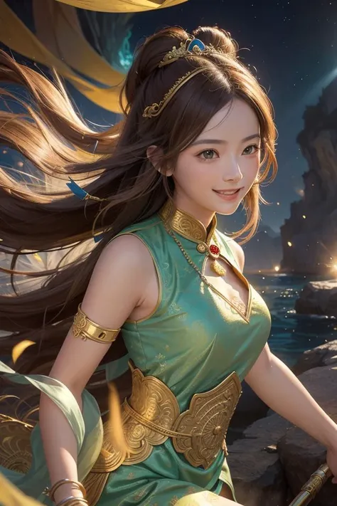 The artwork is a highly detailed and realistic illustration in the style of Dunhuang, reminiscent of the Tang Dynasty era. It is a dynamic upper-body shot of a girl with messy long hair. She has a beautiful smile enhanced by a holy light that emanates from her. The girl is floating in a grotto surrounded by a mesmerizing golden-brown ambiance, created by cinematic lighting and lens flare effects.