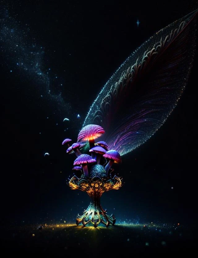 ((best quality)), ((masterpiece)), ((realistic,digital art)), (hyper detailed),DonMF41ryW1ng5 Dark Spore Print Dainty Cup-shaped Rough mushroom, Satin, Scaled, Beneficial Interaction, Gorge, Stellate, Emitting light, Remnant Annulus, Noxious fumes, , octane rendering, raytracing, volumetric lighting, Backlit,Rim Lighting, 8K, HDR, <lora:DonMF41ryW1ng5:1>
