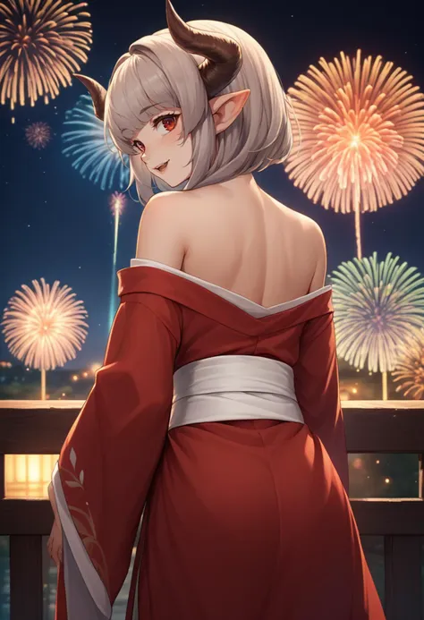 score_9, score_8_up, score_7_up, source_anime, from behind, solo, 1girl, gbfalicia, happy, looking back, grey hair, pointy ears, horns, red kimono, off shoulder, white sash, bare shoulders, fireworks <lora:gbf_alicia_ponyXL-000010:1>