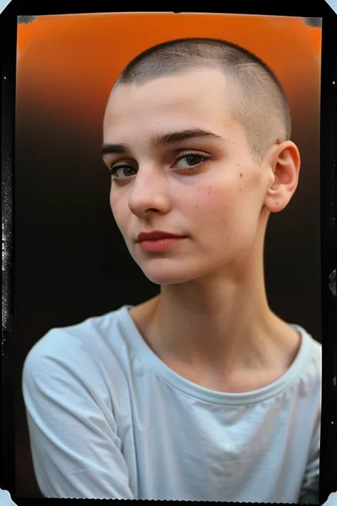 SineadOConnor, (buzzcut haircut:1.3), 1girl, Century Camera Co. Studio, 160mm f/8, 1/10s, ISO 25, ((tintype:1.3)), ((portrait, full color, bold color, orange, red, gradient)), blouse, ((geometric halftone background))