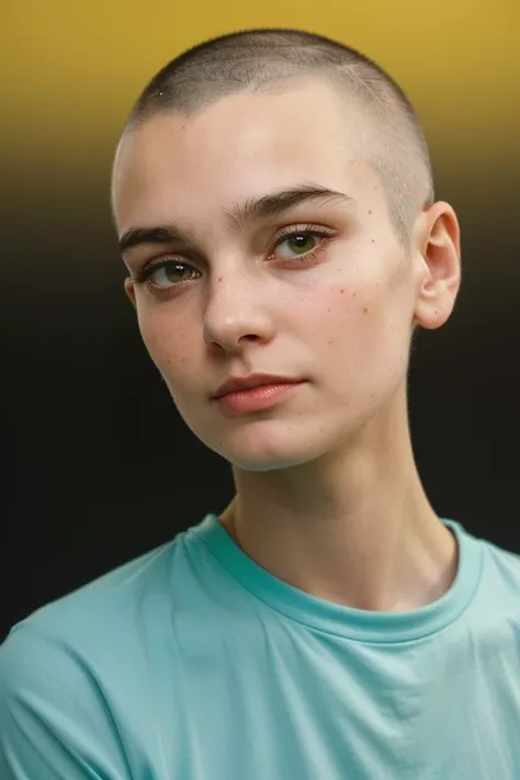 SineadOConnor, (buzzcut haircut:1.3), 1girl, Century Camera Co. Studio, 160mm f/8, 1/10s, ISO 25, ((tintype, portrait, full color, bold color, yellow, green, gradient)), blouse, ((geometric halftone background))