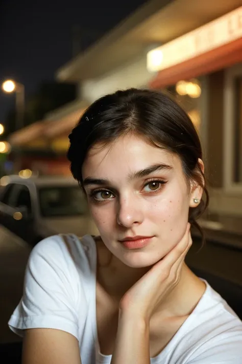 SineadOConnor, portrait of a woman in front of a diner at night, raining, perfect eyes