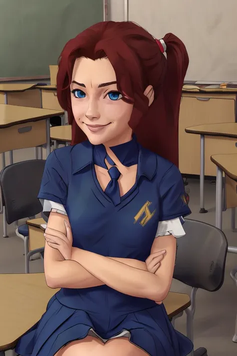 1girl, schoolgirl, red hair, smiling, blue eyes, sitting behind a classroom desk, upper body perspective, celshaded art style<lora:Celshaded Art Style:0.9>