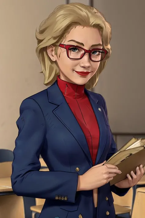 teacher, blonde hair, red glasses, red lipstick, holding books, in the classroom, smiling, (wearing a blue suit), upper body, celshaded art style<lora:Celshaded Art Style:1>
