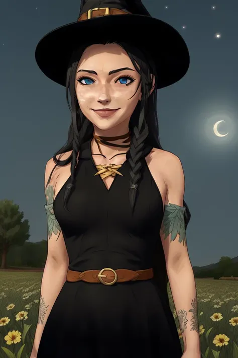 witch, long black hair, blue eyes, smiling, black dress, in the fields, upper body, night sky, celshaded art style<lora:Celshaded Art Style:0.9>