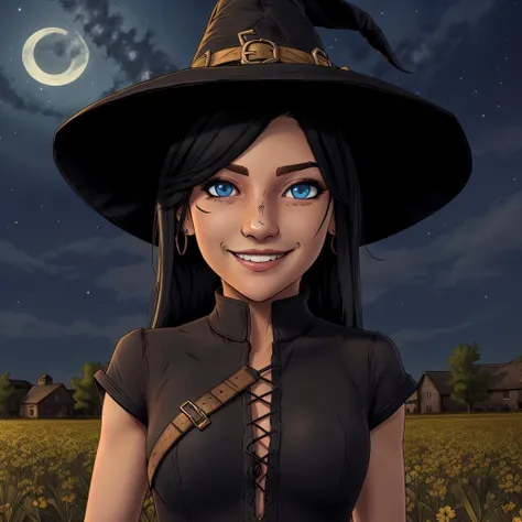 witch, black hair, blue eyes, smiling, black dress, in the fields, night sky, celshaded art style<lora:CelshadedArtStylev2:1>