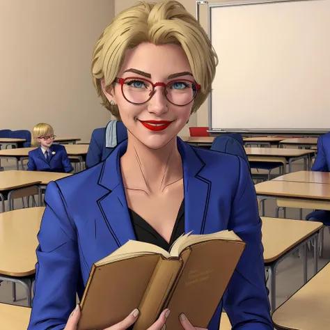 teacher, blonde hair, red glasses, red lipstick, holding a book, in the classroom, smiling, (wearing a blue suit), upper body, celshaded art style<lora:CelshadedArtStylev2:1.1>