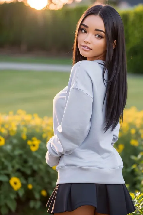 photoshoot of a woman, Natural, professional light, (sitting on a bench, showing all the nature of the place), (Photo 4k: 1.1) (sharp focus: 1.3), High detail, beautiful detailed face, green eyes, with a big breast and big ass, Long black hair, (attractive young woman:1.3), (seductive:1.1), (blush:1.1), Athletic body shape, A girl, In an outfit that highlights her body, (risort )