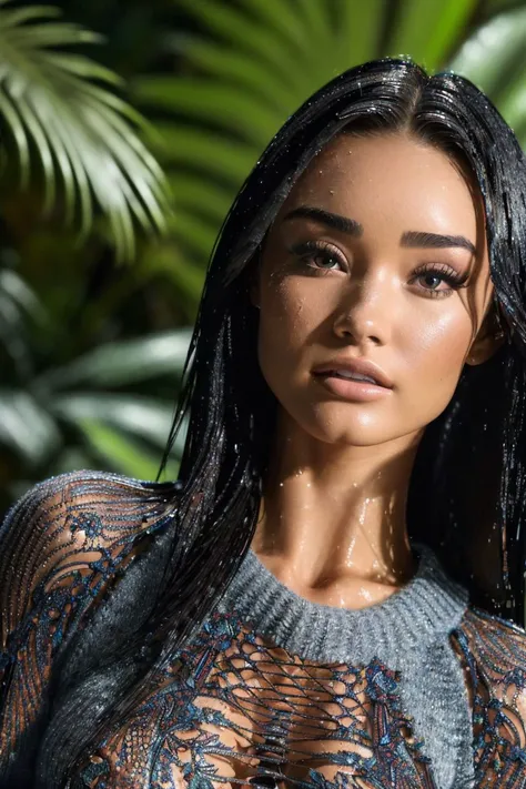 photo of S128_AliciaParr, an attractive woman, in a (wet-jungle:1.2), (night:1.2), wearing a (sweater:1.2), (8k, RAW photo, best quality, depth of field, ultra high res:1.2), (absurdres, intricate, photorealistic, masterpiece, ultra-detailed:1.3)