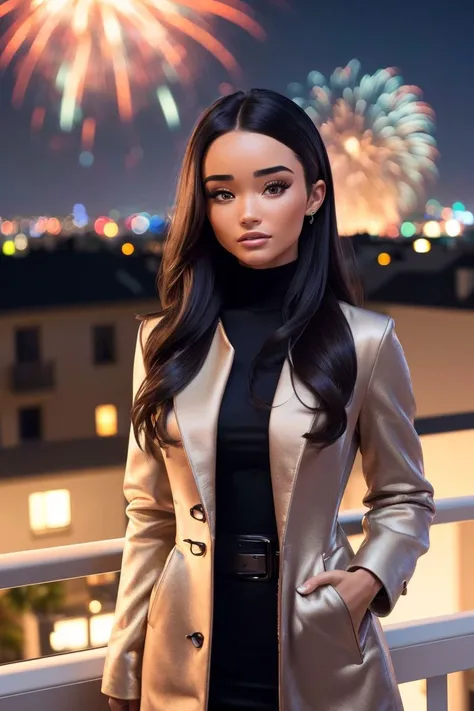 photo of S128_AliciaParr, a beautiful woman, on a (balcony:1.2), (fireworks:1.1), wearing a (coat:1.2), (8k, RAW photo, best quality, depth of field, ultra high res:1.2), (absurdres, intricate, photorealistic, masterpiece, ultra-detailed:1.3)