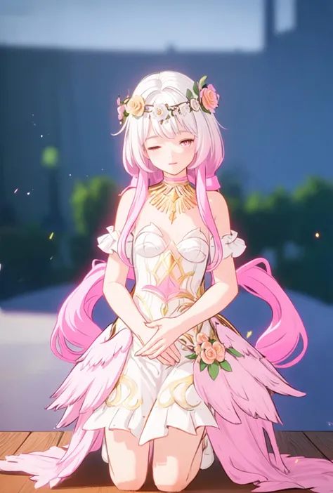 (original), (masterpiece) , (best quality) , (reality:1.3) , photorealistic, Octane rendering, (surreal:1.2) , perfect features,1 girl, colorful,translucent hair, (glowing inner hair),the perfect appearance,white hair,(closed eyes),long hair,hime cut, <lora:Chinese style_20230607154437:0.15:1,1,1,1,0,0,1,0,0.3,0.3,0.7,0,0,0,0,0.3,0.3>,cowboy shot,(hanfu),(Peach Blossom Tree:1.2),(Dark green clothes:1.4),(kneeling,wood floor,Golden Hairpin,hand on own knee),(Facing the viewer:1.4),(flat color:1.2) <lora:yuelu:0.7>pink hair,hand catching skirt,