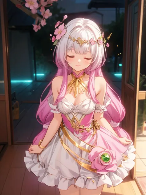 (original), (masterpiece) , (best quality) , (reality:1.3) , photorealistic, Octane rendering, (surreal:1.2) , perfect features,1 girl, colorful,translucent hair, (glowing inner hair),the perfect appearance,white hair,(closed eyes),long hair,hime cut, <lora:Chinese style_20230607154437:0.15:1,1,1,1,0,0,1,0,0.3,0.3,0.7,0,0,0,0,0.3,0.3>,cowboy shot,(hanfu),(Peach Blossom Tree:1.2),(Dark green clothes:1.4),(leaning forward, shushing, wood floor,Golden Hairpin),(Facing the viewer:1.4),(flat color:1.2)<lora:yuelu:0.8>pink hair,middle breasts, <lora:WPF:0.4> <lora:more_details:0.3>wariza,