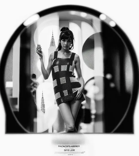 girl dressing a pacorabanne mini dress in front of a circle door with a 1chr skyscraper b/w poster in the style of mondrian in background <lyco:krizia_chr_pacorabanne-LoCon-SD15-x30g4b1-v06-000003:0.9>