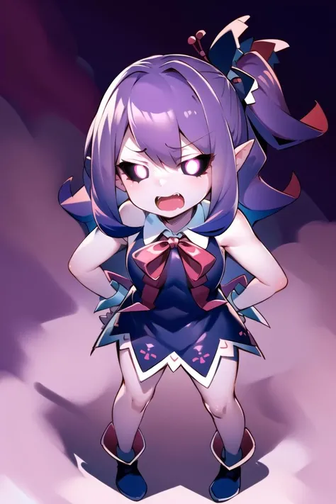 masterpiece, best quality, headpatpov, pov, headpat, badmella, 1girl, solo, side ponytail, black sclera, purple eyes, glowing eyes, open mouth, hands on hips, standing, full body, <lora:musume-05_v3:1>
