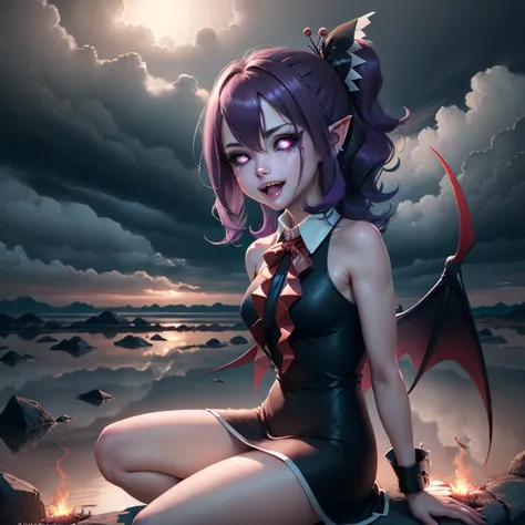 masterpiece, best quality, badmella, 1girl, solo, side ponytail, black sclera, purple eyes, glowing eyes, smile, fangs, wings, sitting, outdoor, grey sky, desolated land, flames, <lora:musume-05_v3:0.7>