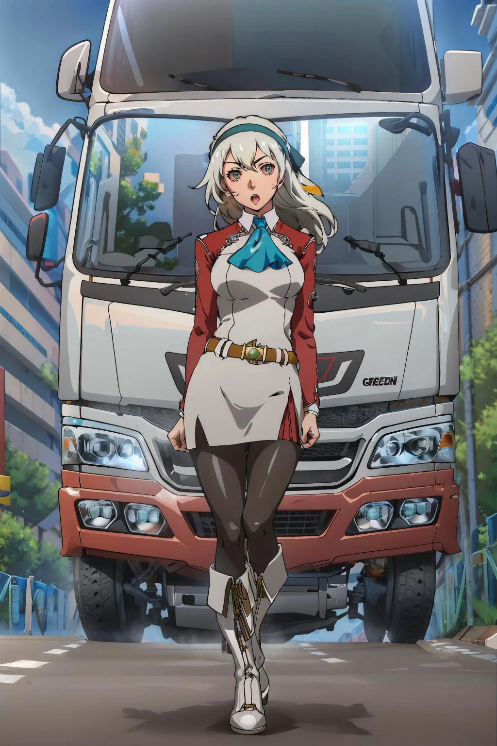 masterpiece, best quality, <lora:Stoned-Concept_Fp:1> stoned, smoking, red sclera <lora:Truckkun:0.8> Truck-kun, ground vehicle, crash, getting hit by Truck-kun, fleeing, motion lines <lora:elie-nvwls-v2-zero:0.8> elie macdowell, green eyes, hairband, blue ascot, hair ribbon, long sleeves, belt, pantyhose, white boots, :o