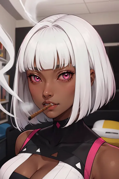 (masterpiece,best quality,absurdres),dark-skinned female,bob cut,blunt bangs,white hair,pink eyes,1girl,smoking,stoned, <lora:Stoned-Concept_Fp:1>