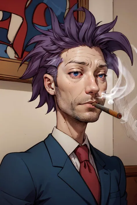 (masterpiece, best quality, 4k, detailed, intricate, realistic),smoking,stoned,male focus,stu pickles,dark blue hair, short messy hair, stubble,suit,red tie <lora:Stoned-Concept_Fp:1> <lora:Stu Pickles - V11:0.8>