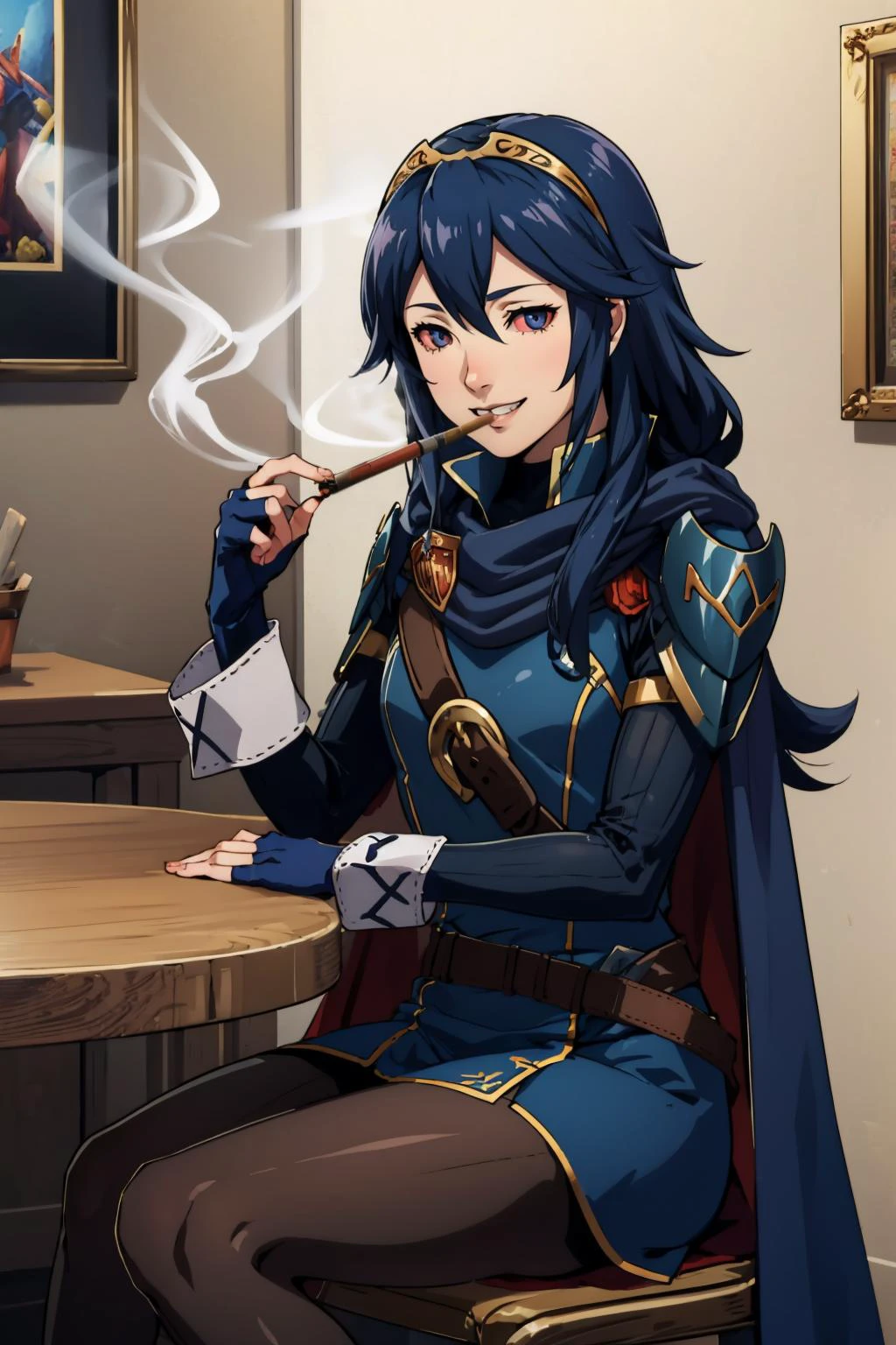 masterpiece, best quality, <lora:Stoned-Concept_Fp:1> stoned, smoking, red sclera <lora:lucina-nvwls-v2:0.8> defLucy, tiara, cape, blue coat, blue scarf, shoulder armor, long sleeves, cuffs, belt, fingerless gloves, black pantyhose, sitting, tavern, table, chair, grin