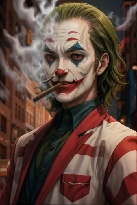 High Quality, Masterpiece, 1boy, <lora:Stoned-Concept_Fp:1.4>, stoned, smoking, upper body, cigarette, holding cigarette, The Joker, <lora:Char_Sigmas_Joker:0.7>