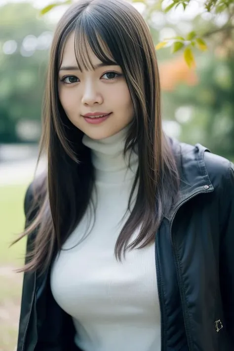 1girl,(wearing a turtleneck and long jacket:1.2),(RAW photo, best quality), (realistic, photo-realistic:1.4), masterpiece, an extremely delicate and beautiful, extremely detailed, 2k wallpaper, Amazing, finely detail, extremely detailed CG unity 8k wallpaper, ultra-detailed, highres, soft light, beautiful detailed girl, extremely detailed eyes and face, beautiful detailed nose, beautiful detailed eyes,cinematic lighting,at a park,autumn scenery,bokeh,perfect anatomy,slender body,smiling <lora:kurodafuuwa_lora:0.8>