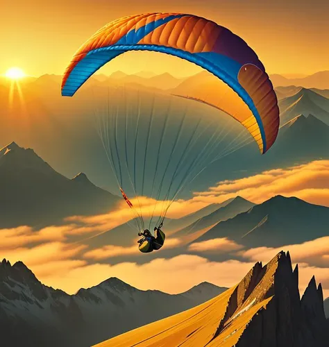 a paraglider soaring above a mountain range with the setting sun casting a golden glow