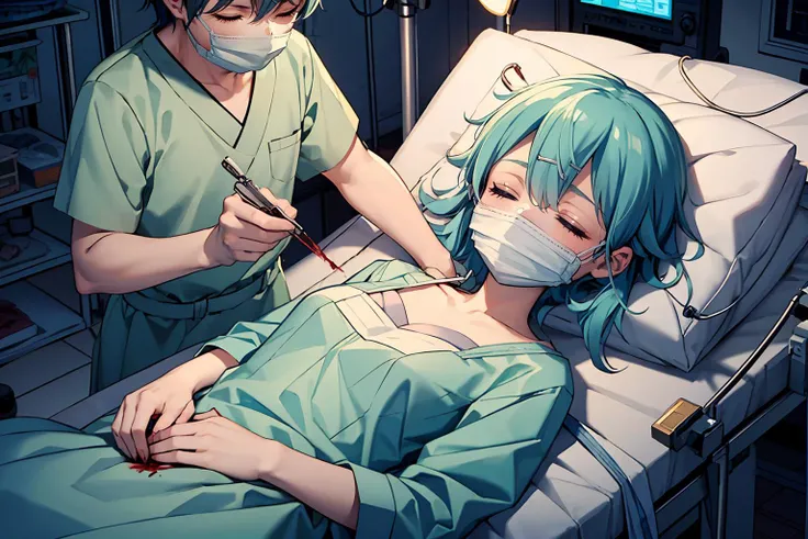 masterpiece,best quality,highly detailed,1girl,1boy,2boys,multiple boys,exhausted,sick,sleeping,closed eyes,
<lora:takina_inoue_v1:0.75>,takina inoue,purple eyes,black hair,long hair,
BREAK
<lora:surgery:0.4>,lying,on back,surgery,doctor,surgical light,scalpel,operating table,operating room,blanket,(((bloody, blood,blood on clothes))),mask pull,(((surgical mask, hospital gown))),from side,