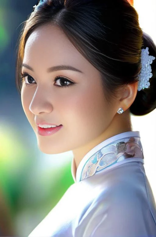 best quality, masterpiece, (photorealistic:1.4), 1girl, light smile, white ao dai, dramatic lighting, from below, ((close up))