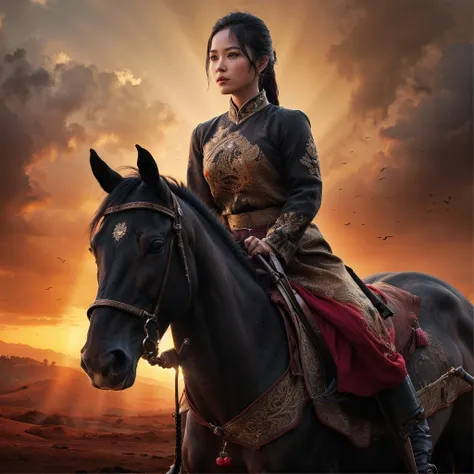 1girl, vietnam, ao dai, wounded, sword raised, looking ahead,panorama, battlefield, corpse, blood, smoke, flag, warrior, horse, sweat, sunshine, sunset, epic, beautiful, tragic, (Detailed face features:1.3),
(RAW photo, 16k, masterpiece, best quality: 1.2), (ultra realism, hyper detailed and intricate realism: 1.3), (wide depth of field, radiant mapping, ray tracing, god rays: 1.2),