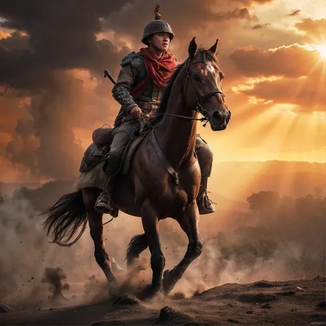 1boy, vietnam, armor, wounded, sword raised, looking ahead,panorama, battlefield, corpse, blood, smoke,vietnam flag, warrior, horse, sweat, sunshine, sunset, epic, beautiful, tragic, (Detailed face features:1.3),
(RAW photo, 16k, masterpiece, best quality: 1.2), (ultra realism, hyper detailed and intricate realism: 1.3), (wide depth of field, radiant mapping, ray tracing, god rays: 1.2),