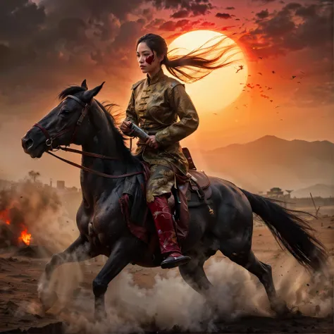 1girl, vietnam, ao dai, wounded, sword raised, looking ahead,panorama, battlefield, corpse, blood, smoke,vietnam flag, warrior, horse, sweat, sunshine, sunset, epic, beautiful, tragic, (Detailed face features:1.3),
(RAW photo, 16k, masterpiece, best quality: 1.2), (ultra realism, hyper detailed and intricate realism: 1.3), (wide depth of field, radiant mapping, ray tracing, god rays: 1.2),