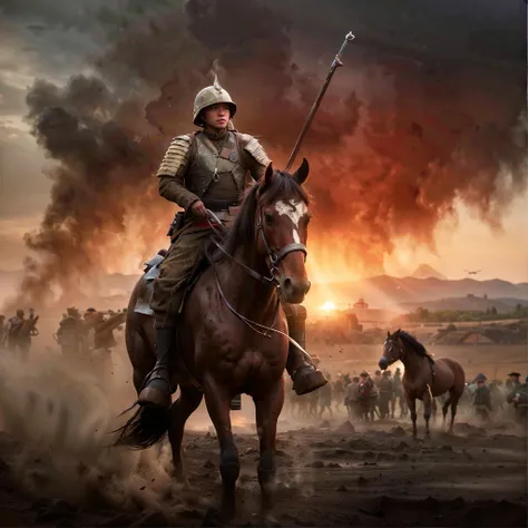 1boy, vietnam, armor, wounded, sword raised, looking ahead,panorama, battlefield, corpse, blood, smoke,vietnam flag, warrior, horse, sweat, sunshine, sunset, epic, beautiful, tragic, (Detailed face features:1.3),
(RAW photo, 16k, masterpiece, best quality: 1.2), (ultra realism, hyper detailed and intricate realism: 1.3), (wide depth of field, radiant mapping, ray tracing, god rays: 1.2),