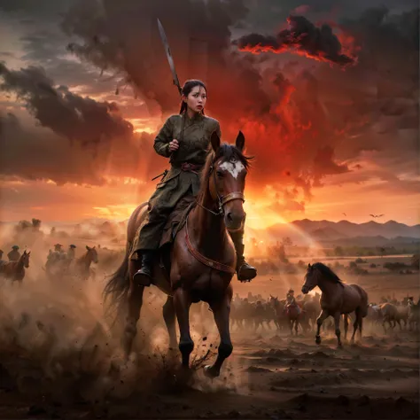 1girl, vietnam, ao dai, wounded, sword raised, looking ahead,panorama, battlefield, corpse, blood, smoke,vietnam flag, warrior, horse, sweat, sunshine, sunset, epic, beautiful, tragic, (Detailed face features:1.3),
(RAW photo, 16k, masterpiece, best quality: 1.2), (ultra realism, hyper detailed and intricate realism: 1.3), (wide depth of field, radiant mapping, ray tracing, god rays: 1.2),