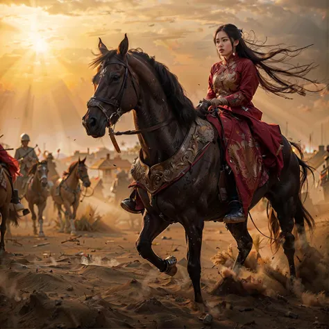 1girl, vietnam, ao dai, wounded, sword raised, looking ahead,panorama, battlefield, corpse, blood, smoke, flag, warrior, horse, sweat, sunshine, sunset, epic, beautiful, tragic, (Detailed face features:1.3),
(RAW photo, 16k, masterpiece, best quality: 1.2), (ultra realism, hyper detailed and intricate realism: 1.3), (wide depth of field, radiant mapping, ray tracing, god rays: 1.2),