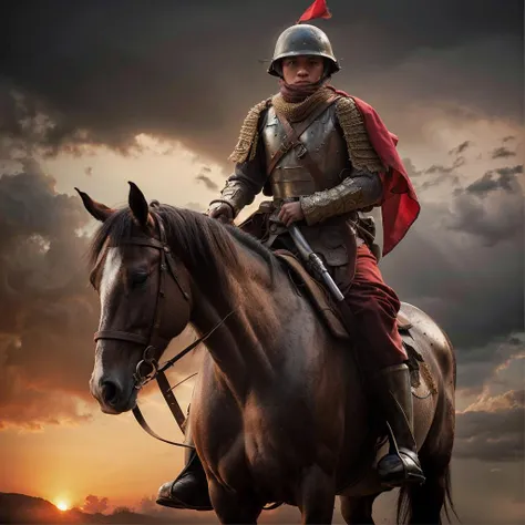 1boy, vietnam, armor, wounded, sword raised, looking ahead,panorama, battlefield, corpse, blood, smoke,vietnam flag, warrior, horse, sweat, sunshine, sunset, epic, beautiful, tragic, (Detailed face features:1.3),
(RAW photo, 16k, masterpiece, best quality: 1.2), (ultra realism, hyper detailed and intricate realism: 1.3), (wide depth of field, radiant mapping, ray tracing, god rays: 1.2),