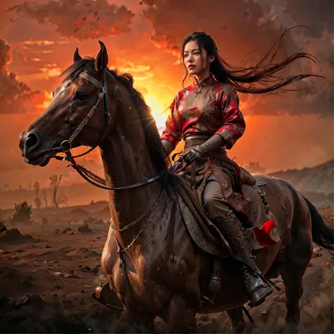 1girl, vietnam, ao dai, wounded, sword raised, looking ahead,panorama, battlefield, corpse, blood, smoke,vietnam flag, warrior, horse, sweat, sunshine, sunset, epic, beautiful, tragic, (Detailed face features:1.3),
(RAW photo, 16k, masterpiece, best quality: 1.2), (ultra realism, hyper detailed and intricate realism: 1.3), (wide depth of field, radiant mapping, ray tracing, god rays: 1.2),