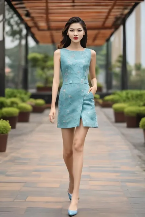 (Masterpiece, best quality), vietnam woman, 1girl, catwalk on walkway, catwalk modeling, catwalk walkway, full body,