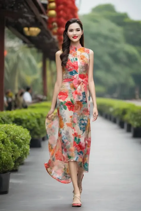 (Masterpiece, best quality), vietnam woman, 1girl, catwalk on walkway, catwalk modeling, catwalk walkway, full body,