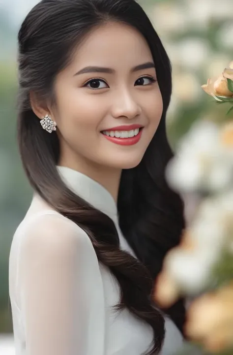 (Masterpiece, best quality, ultra realistic,32k, RAW photo, detail skin, 8k uhd, dslr, high quality, film grain:1.5),1girl, white ao dai, pants,  long hair, looking at viewer, smile, black hair, long sleeves, dress, jewelry, standing, flower, earrings, outdoors, white dress, blurry, black eyes, blurry background, realistic, 16mm film live soft color