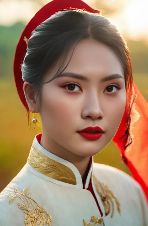 (Masterpiece, best quality, ultra realistic,32k, RAW photo, detail skin, 8k uhd, dslr, high quality, film grain:1.5),1girl, vietnam, ao dai, portrait, wounded, looking at viewer, (pale skin:1.4), battlefield, body, smoke, (red flag:1.4), warrior, sweat, sunshine, sunset, epic, beautiful, tragic, (Detailed face features:1.3), (radiant mapping, ray tracing, god rays: 1.2)