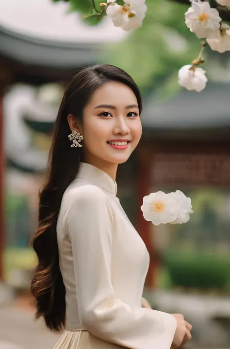 (Masterpiece, best quality, ultra realistic,32k, RAW photo, detail skin, 8k uhd, dslr, high quality, film grain:1.5),1girl, white ao dai, pants,  long hair, looking at viewer, smile, black hair, long sleeves, dress, jewelry, standing, flower, earrings, outdoors, white dress, blurry, black eyes, blurry background, realistic, 16mm film live soft color