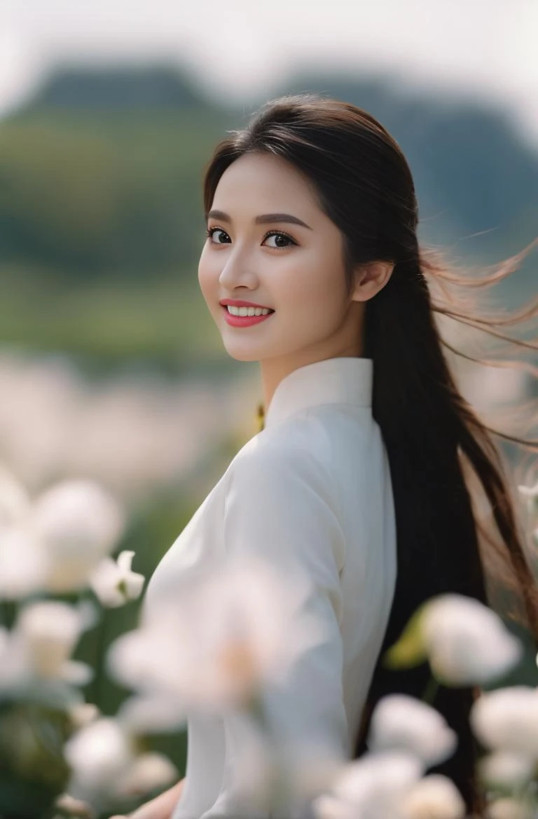 (Masterpiece, best quality, ultra realistic,32k, RAW photo, detail skin, 8k uhd, dslr, high quality, film grain:1.5),1girl, white ao dai, pants,  long hair, looking at viewer, smile, black hair, long sleeves, dress, jewelry, standing, flower, earrings, outdoors, white dress, blurry, black eyes, blurry background, realistic, 16mm film live soft color